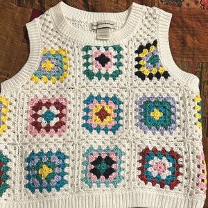 Cotton Emporium White Crochet Vest with Multicolor Granny Squares